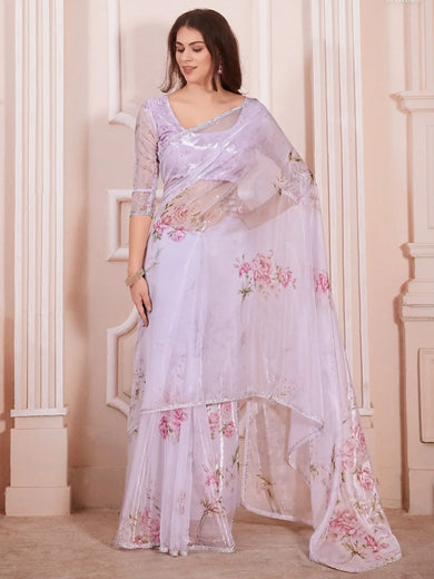 Fascinating Lavender Floral Printed Organza Reception Wear Saree